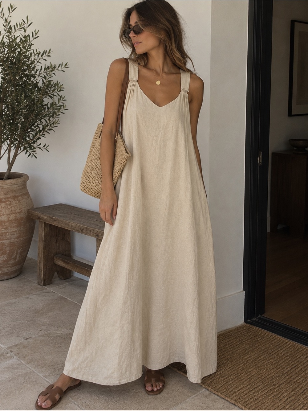 Love Stitch Beige Linen Blend Maxi Dress Medium Coastal Boho Minimalist